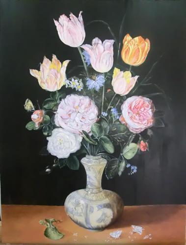 D'après Jan Brueghel l'Ancien - Nature morte aux tulipes, chrysanthèmes, narcisses, roses, iris et autres fleurs dans un vase en verre - Brigitte Q