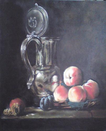 D'après Jean-Baptiste ChardinPot d'étain avec panier de pêches, prunes et noix - Marie Y