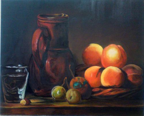 D'après Chardin - 	Plateau de pèches avec une cruche, un verre d'eau et des prunes - Brigitte C