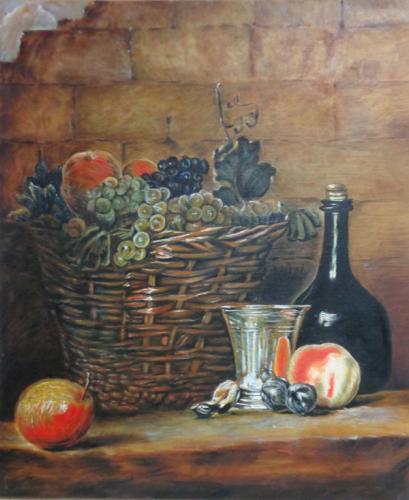 D'après Jean-Baptiste Chardin -Panier de raisins, gobelet d'argent et bouteille - Jeanne S