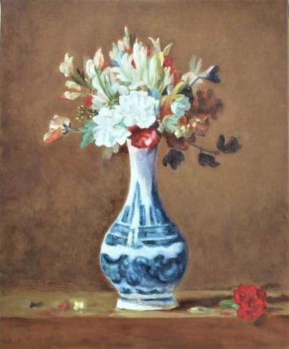 D'après Chardin- Bouquet d'oeillets,tubéreuses et pois de senteur dans un vase. Catherine L